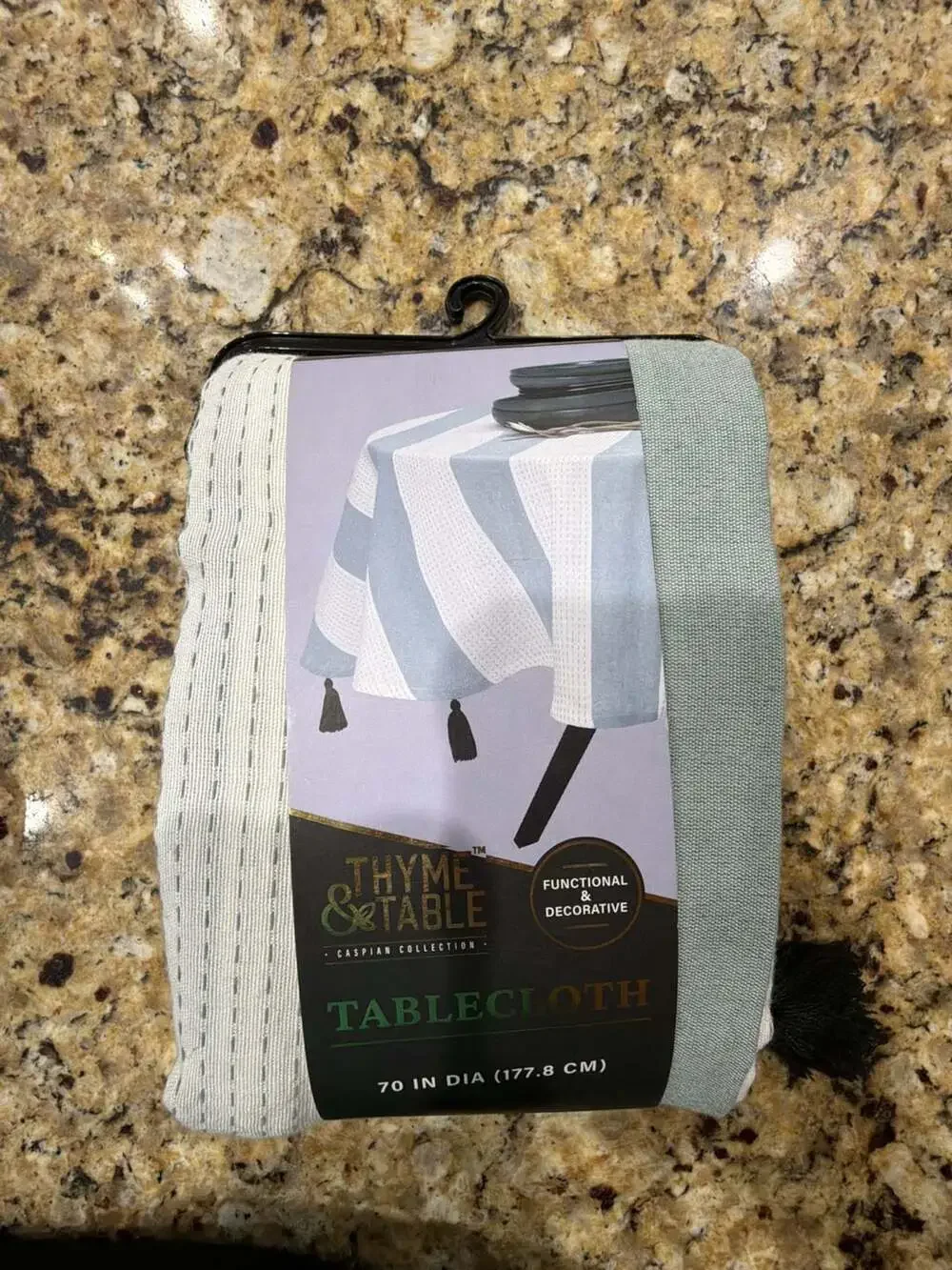Thyme & Table Caspian Coll. 70-Inch Round Green and White Stripe with Black Tass